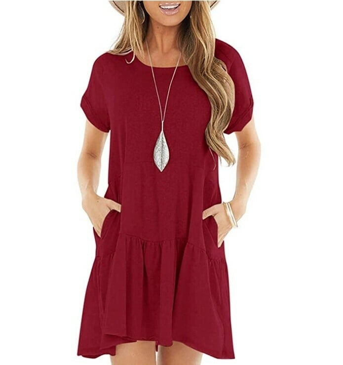 🔥🔥Round neck short sleeve large hem mid-length dress