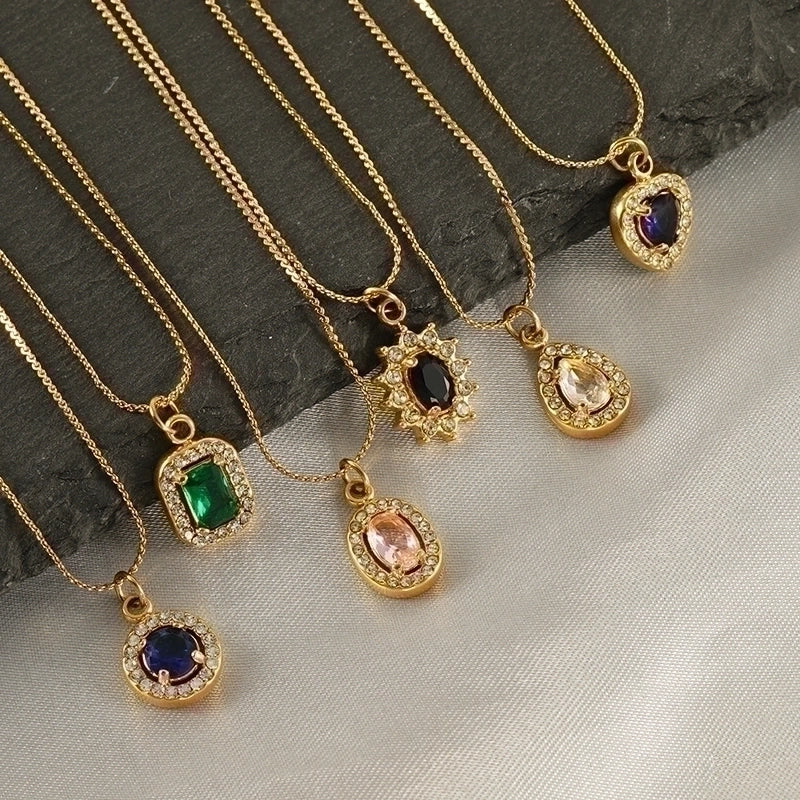 Stainless Steel 18K Gold Plated Glam Shiny Plating Inlay Sun Water Droplets Heart Shape Zircon Pendant Necklace