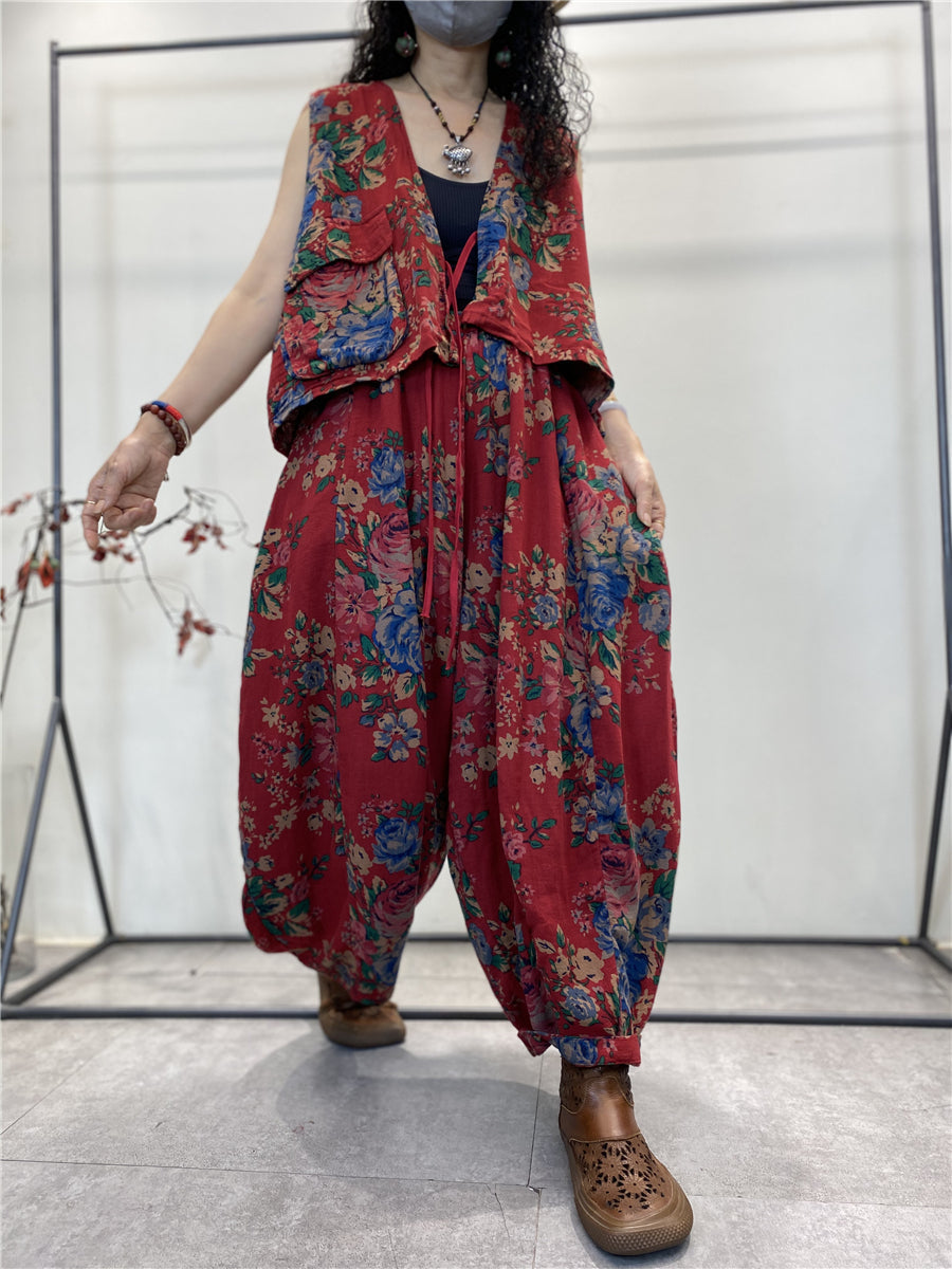 Plus Size Women Summer Vintage Floral Pocket Pants