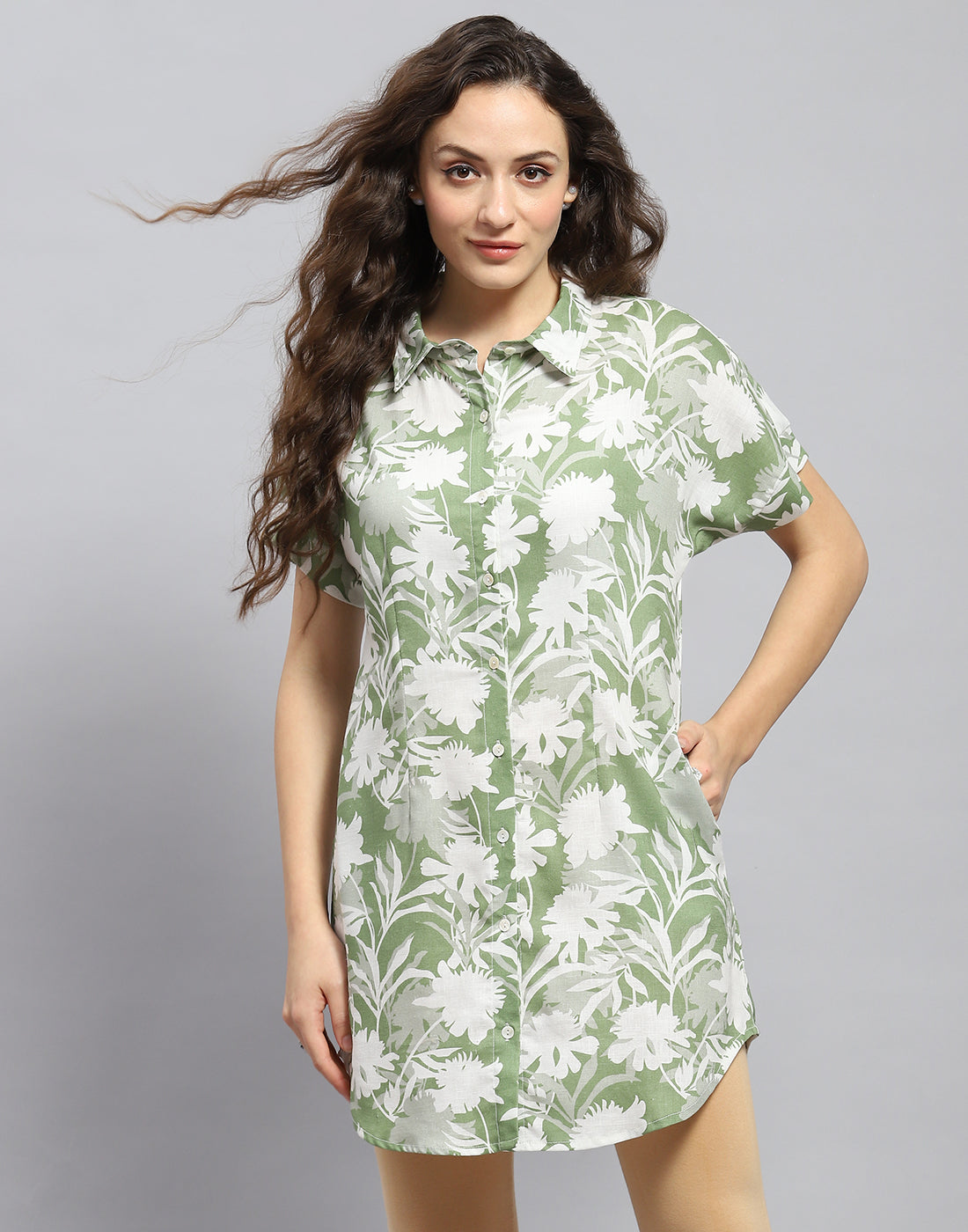 Women Green Printed Collar Half Sleeve Tunic