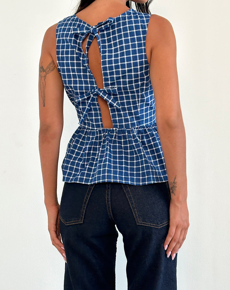 Lanzo Tie Back Top in Poplin Navy Tartan