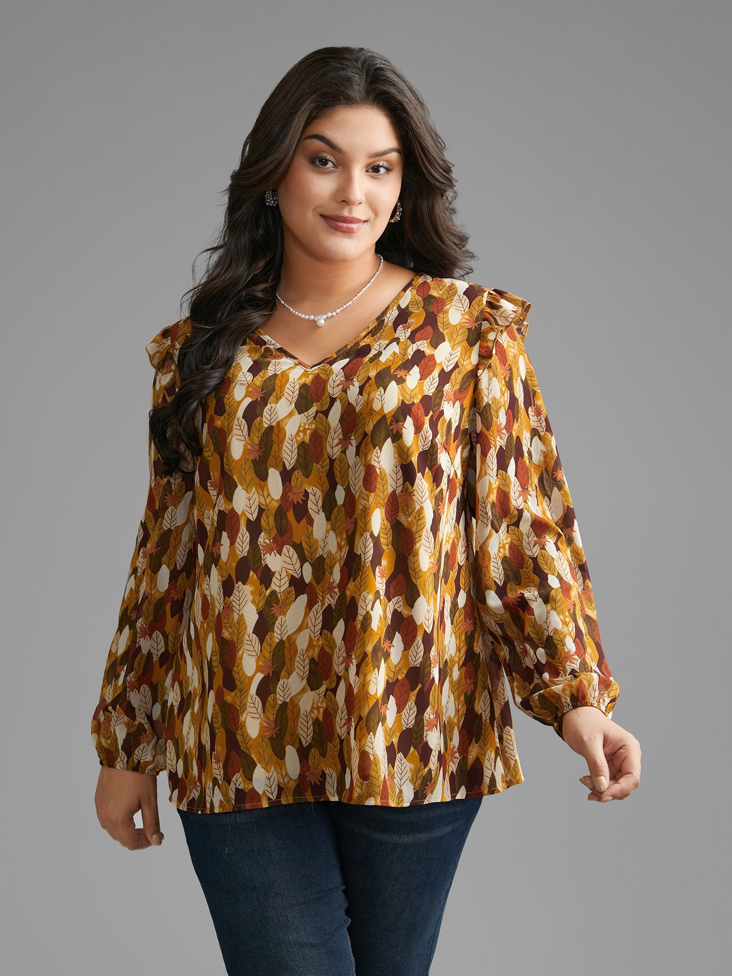 Leaves Print Ruffle Trim Slit Hem Blouse