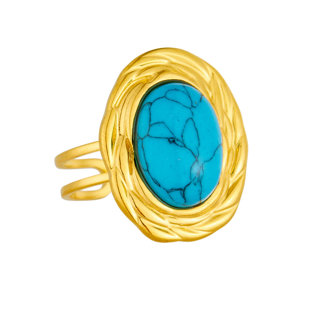 Fashion Retro High-End Open Adjustable Line Oval Inlaid Blue Turquoise Accessories Stainless Steel Ring