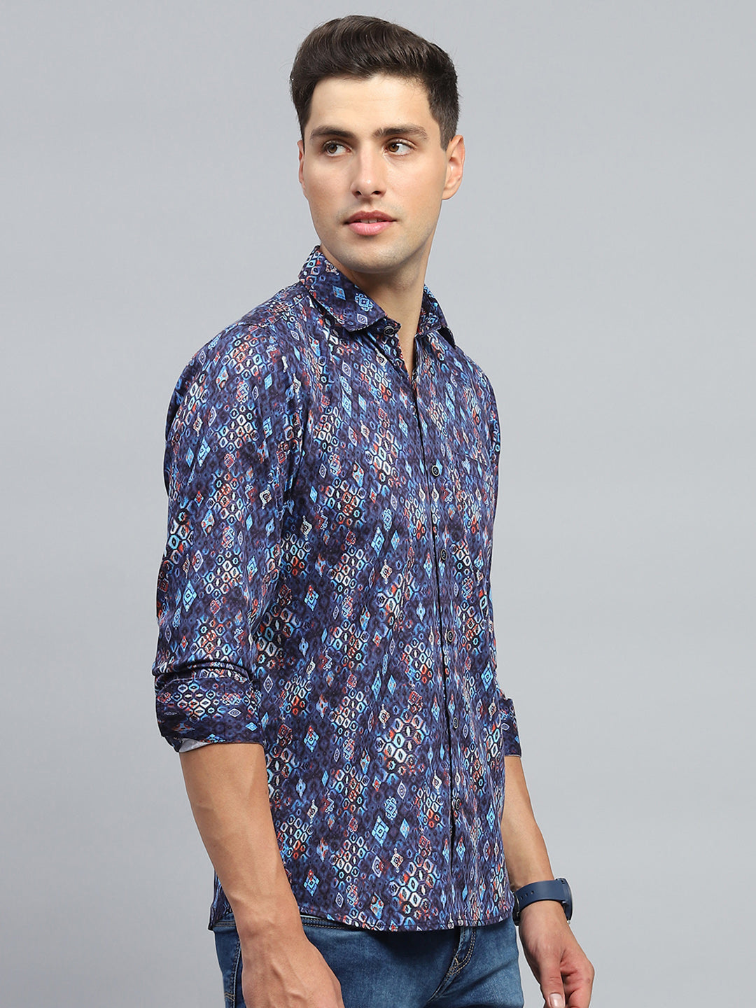 Men Blue Printed Collar Full Sleeve Shirt