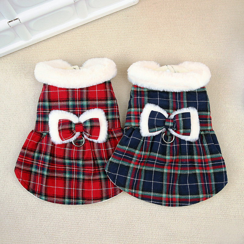 Plaid Fleece Bowknot Dog Harness Dress Coat