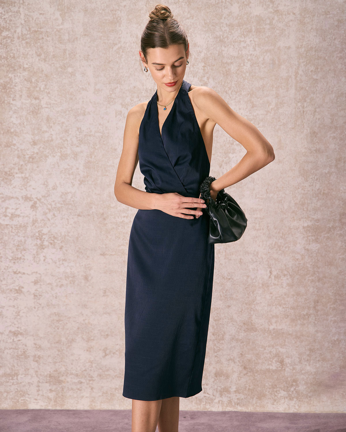 The Navy Halter Ruched Wrap Satin Midi Dress