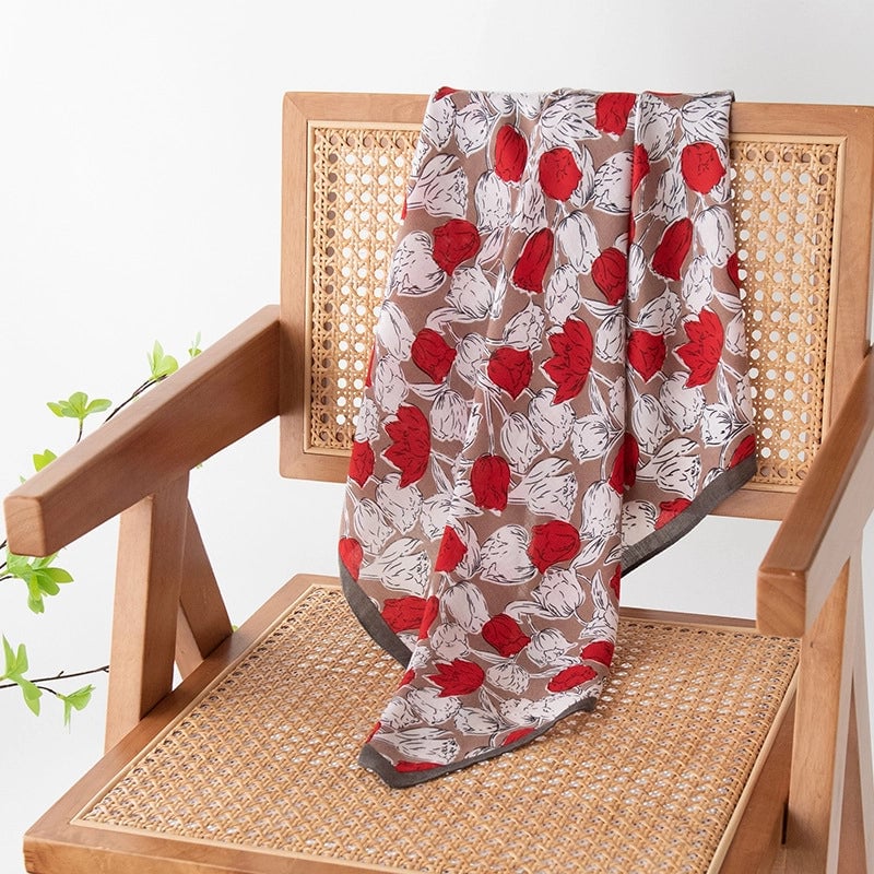 Women's Retro Plaid Flower Satin Silk Scarf
