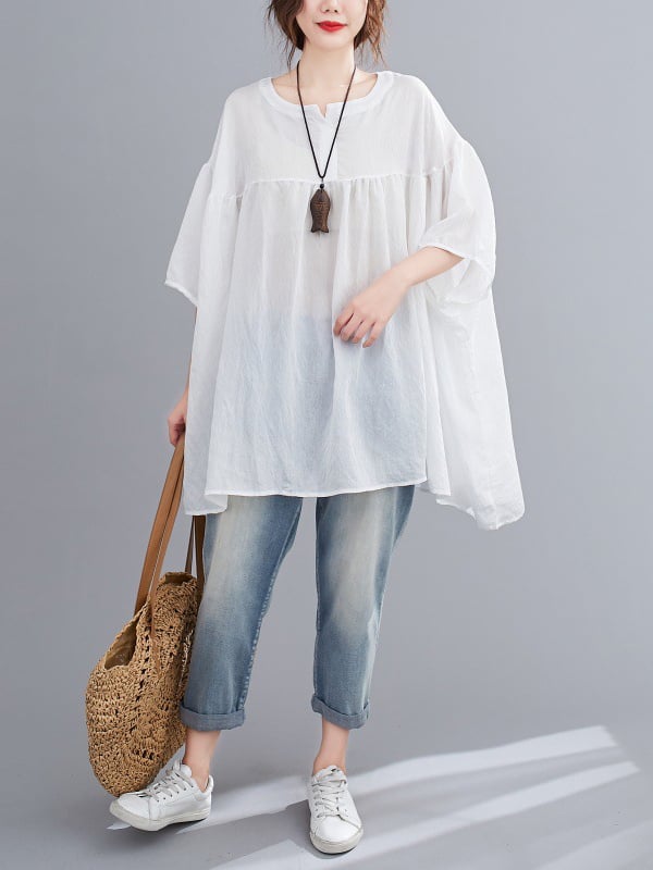 Half Sleeves Loose Pleated See-Through Solid Color Round-Neck Blouses&Shirts Tops