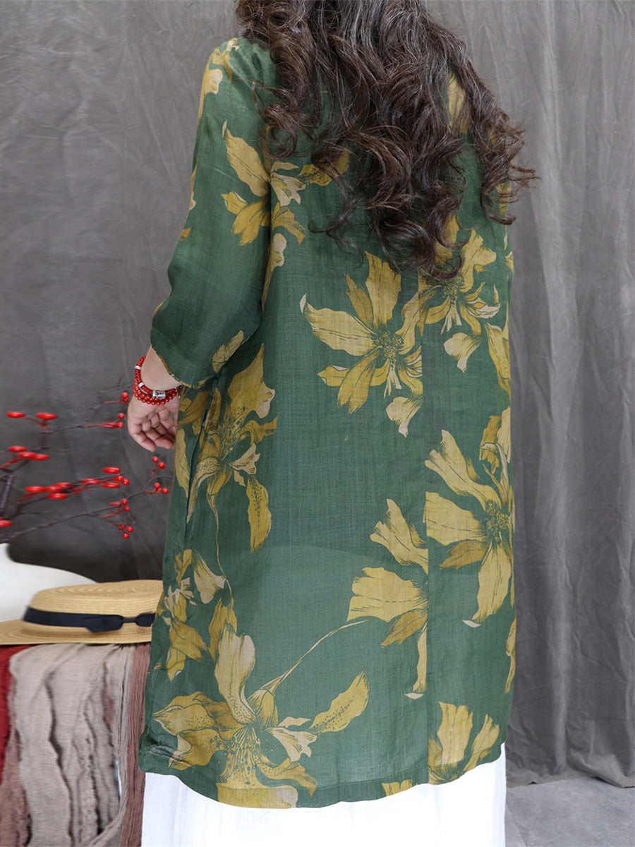 Women Summer Flower 100%Ramie V-Neck Long Shirt