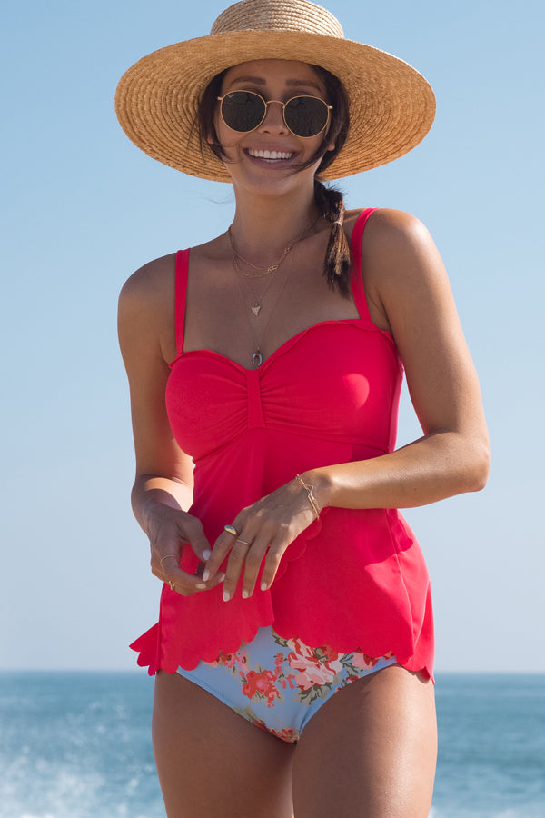 Scalloped Hem Cute Asymmetric Floral Print Tankini Set