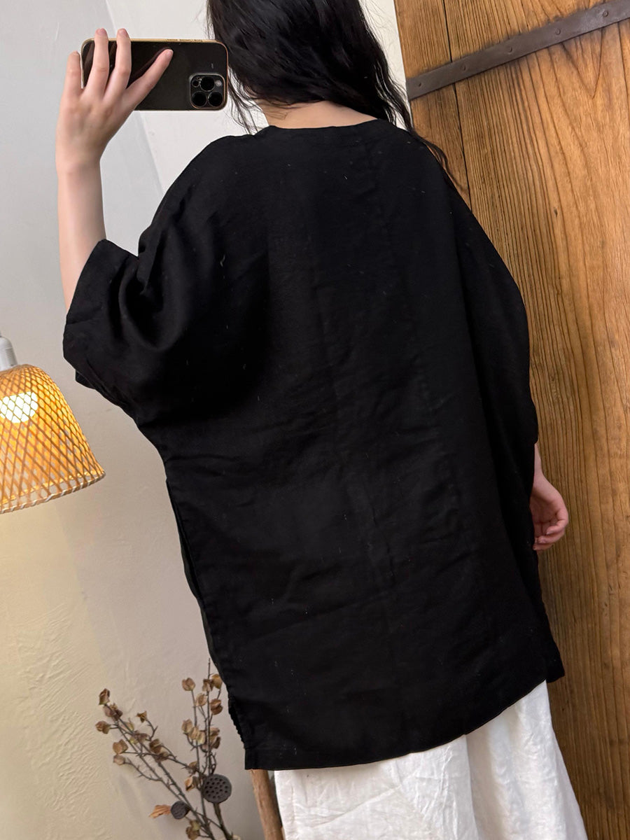 Women Summer Pure Color O-Neck Hemp Shirt