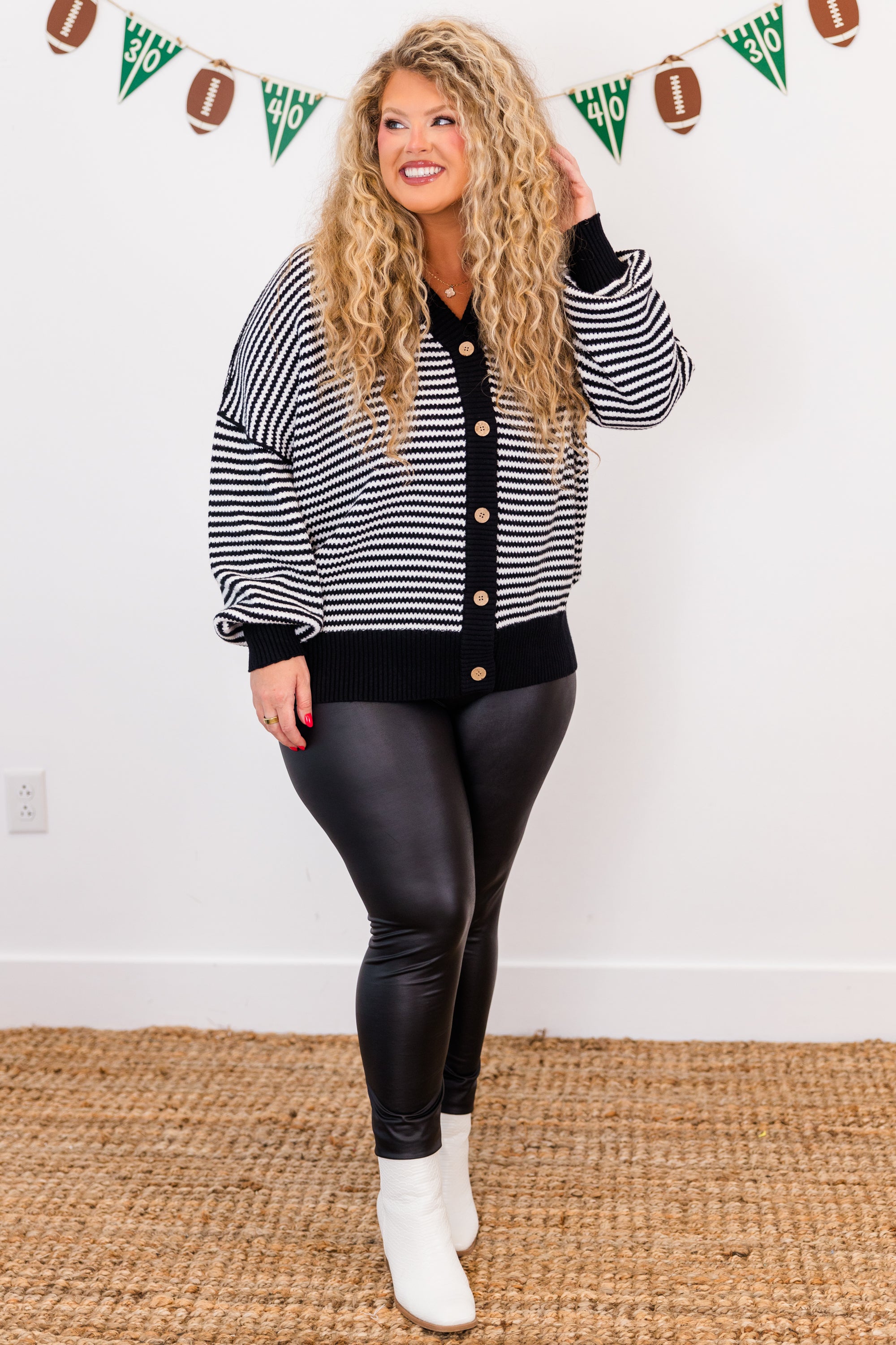 Snuggly Stripe Button-Up Sweater. Black-Ivory