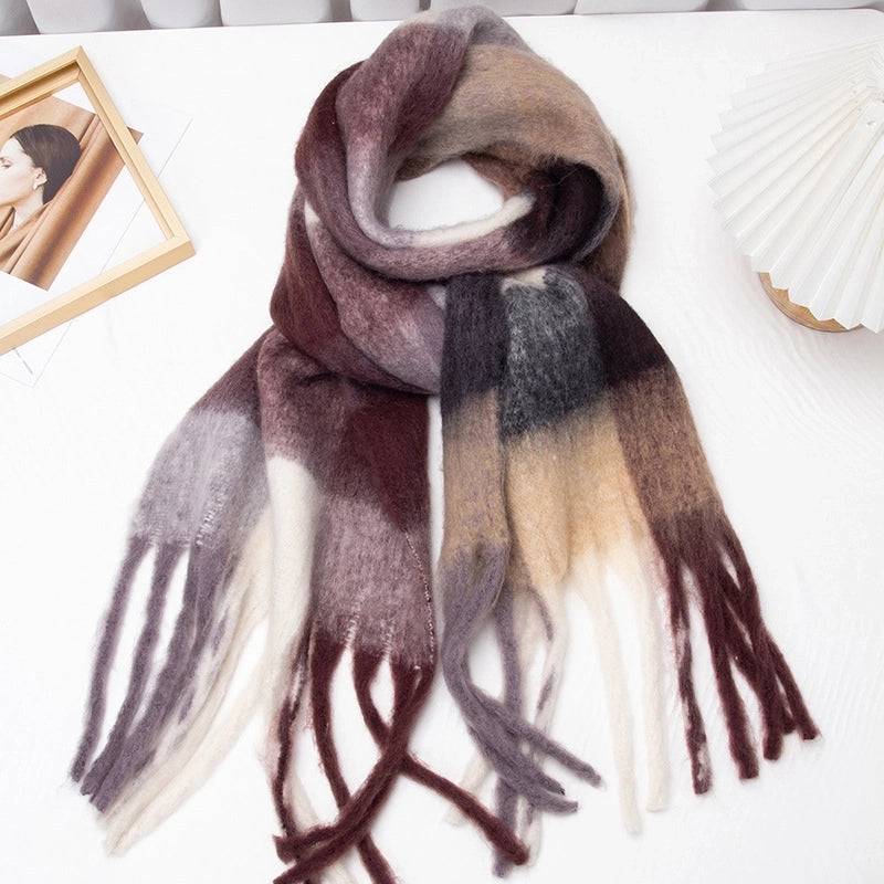 Autumn And Winter New Thick Warm Color Plaid Scarf Loop Yarn Thick Tassel Color Matching Ac Shawl Scarf Women