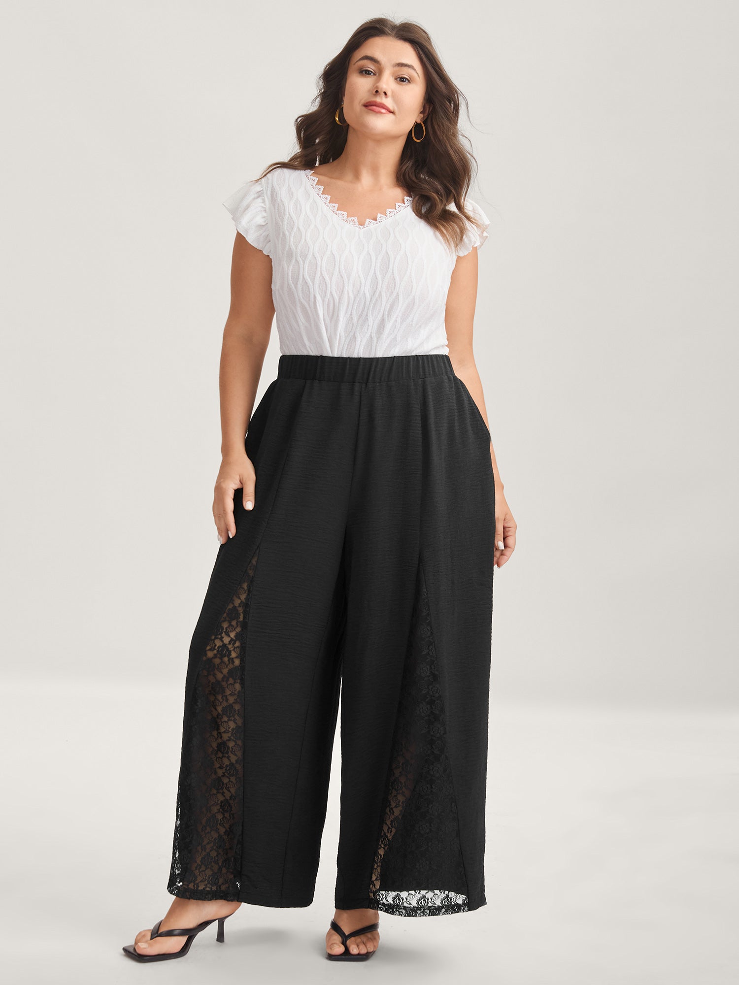 Lace Trim Sheer Wide-Leg Pants