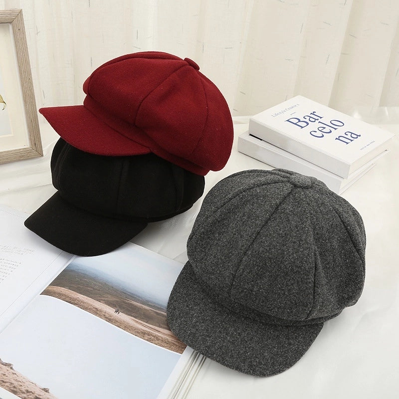 Octagonal Hat New Female Autumn And Winter Korean Woolen Hat Warm Fashion Retro Duck Tongue Beret Spot