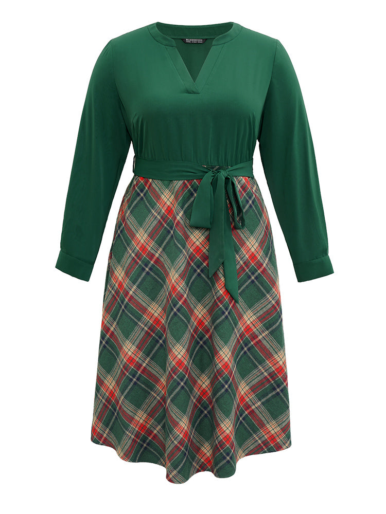 Twill Plaid Print Notched Contrast Belted Dress
