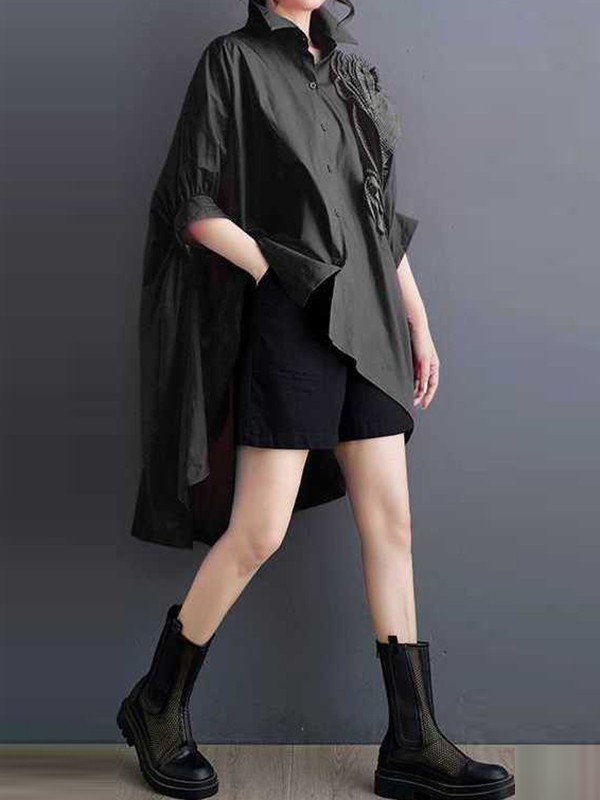 Batwing Sleeves Half Sleeves Asymmetric Buttoned Pleated Solid Color Three-Dimensional Flower Lapel Blouses&Shirts Tops
