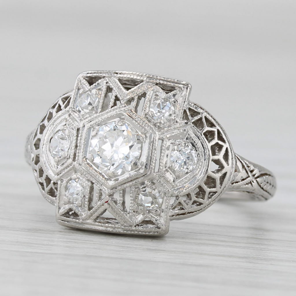 Vintage 0.27ctw Old European Cut Diamond Ring Platinum Art Deco Engagement Sz 4