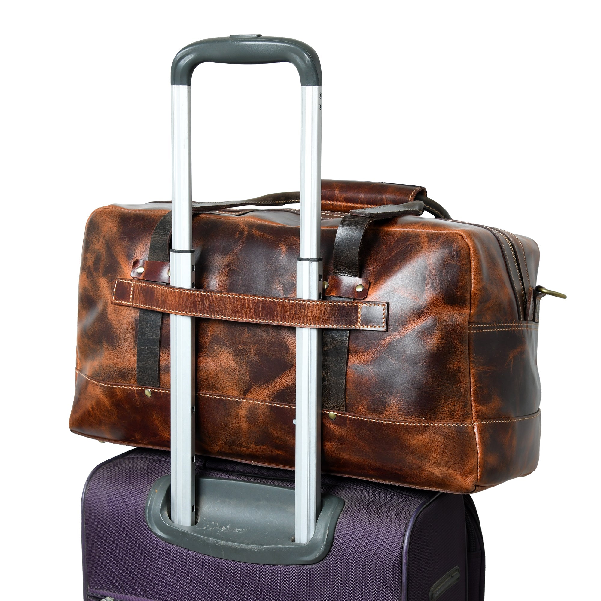 Espresso Elegance Carry on Duffle. Saddle Tan