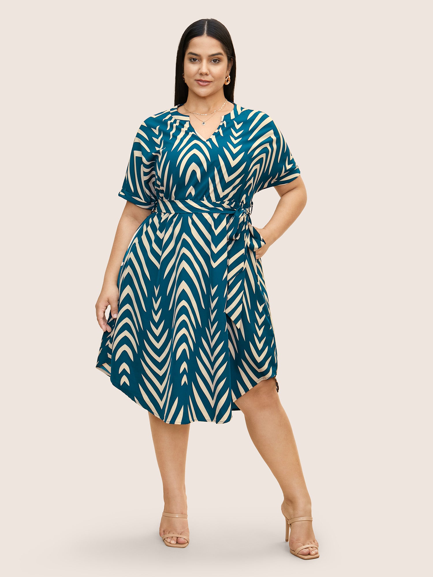 Geometric Belted Dolman Sleeve Curved Hem Dress