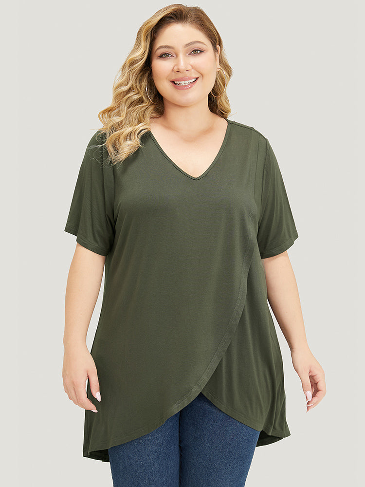 Plain V Neck Wrap High Low Hem T-shirt
