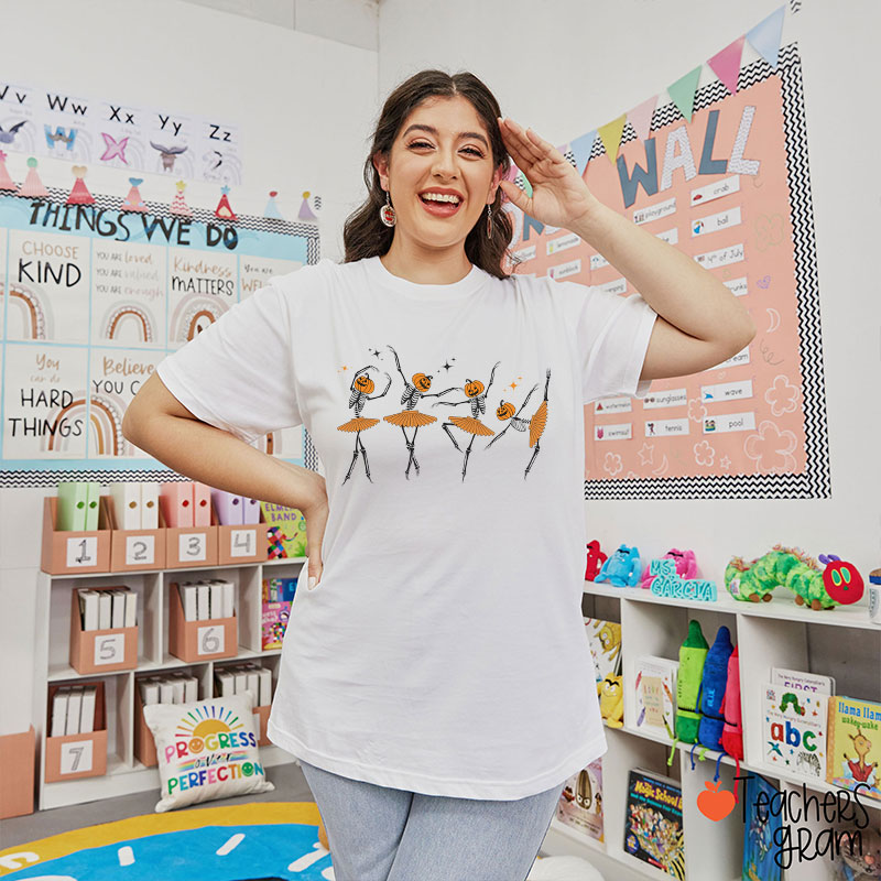 Dancing Pumpkin Skeleton Teacher T-Shirt