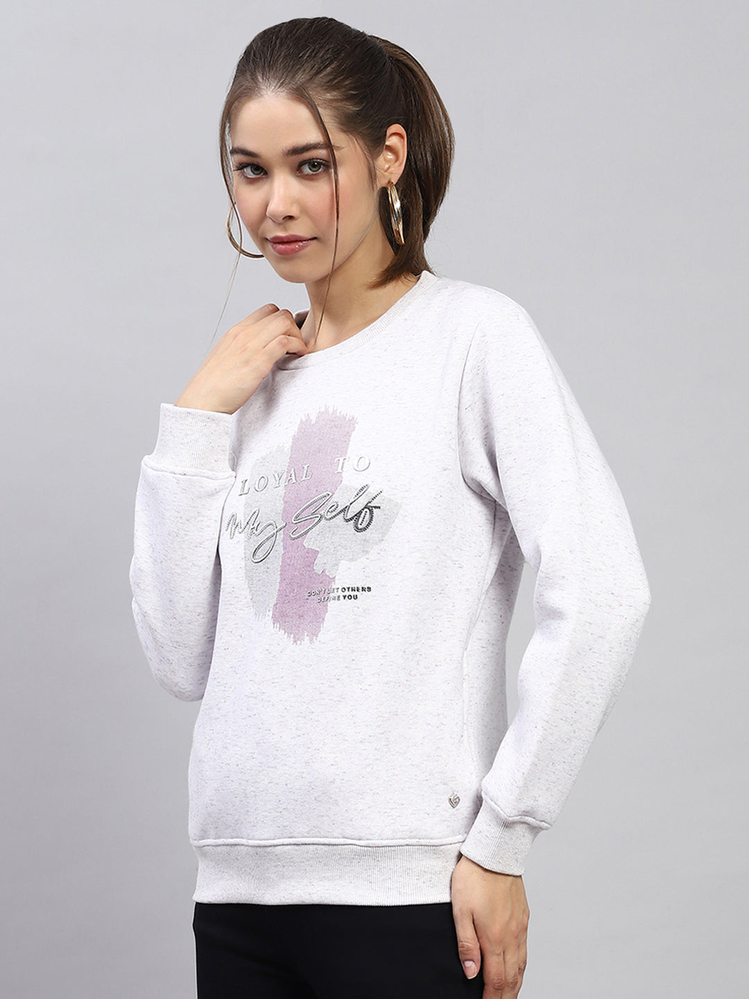 Women Grey Printed Round Neck Full Sleeve Sweatshirt