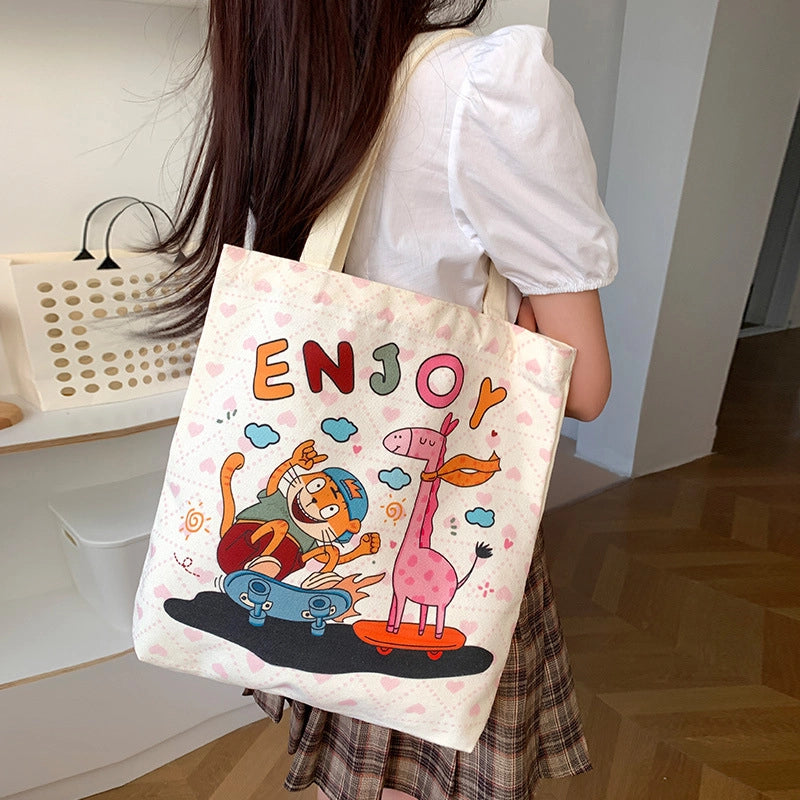 Women's Canvas Animal Cartoon Flower Cute Square Open Tote Bag