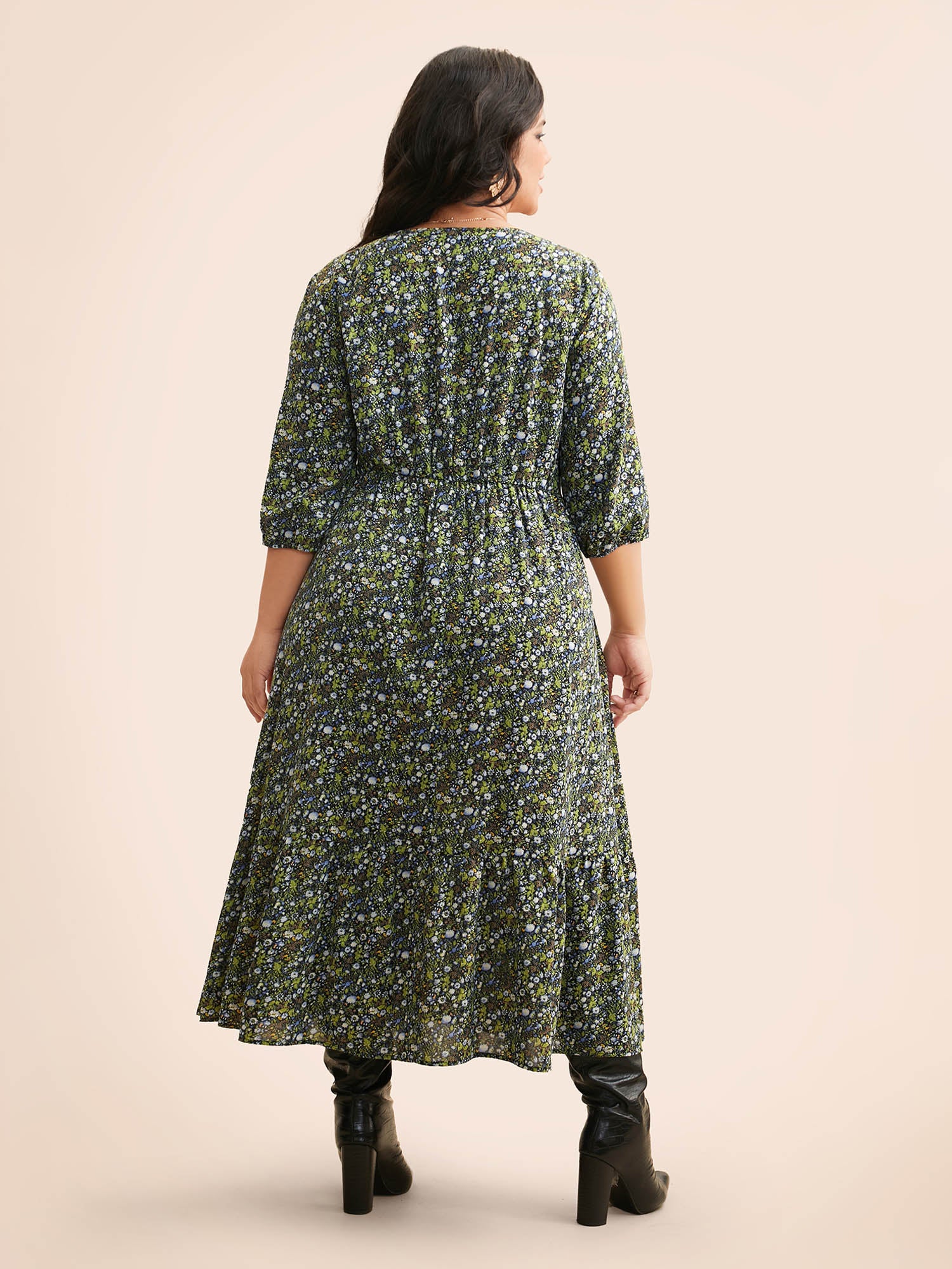 Ditsy Floral Lantern Sleeve Ruffle Hem Dress