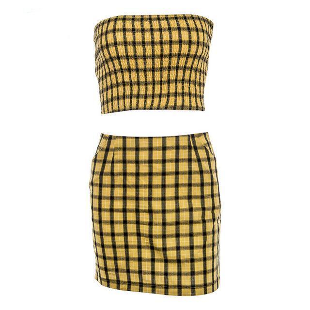 Plaid Tube Top Skirt Two Piece Set