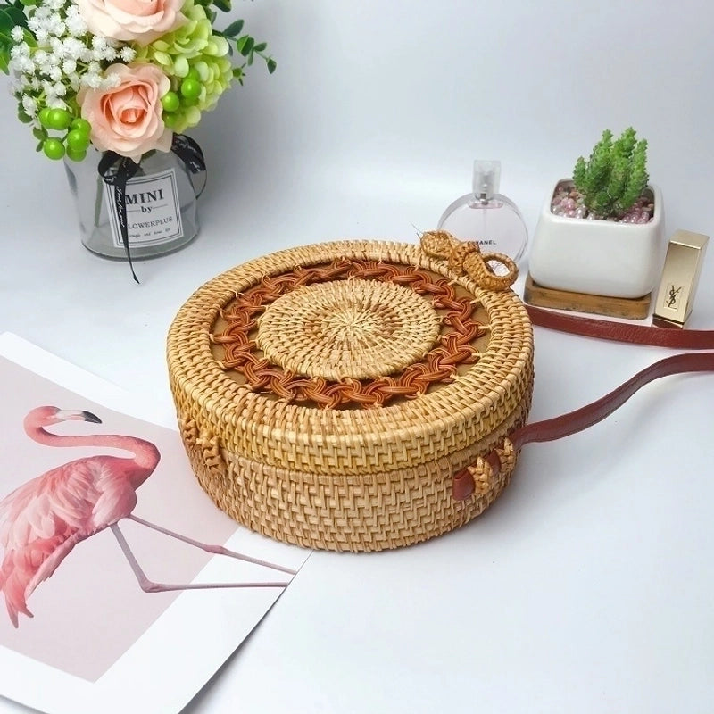 Women's Medium Straw Solid Color Vacation Beach Weave Hook Loop Straw Bag