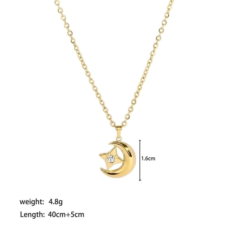 304 Stainless Steel 18K Gold Plated Lady Plating Inlay Moon Heart Shape Artificial Gemstones Pendant Necklace