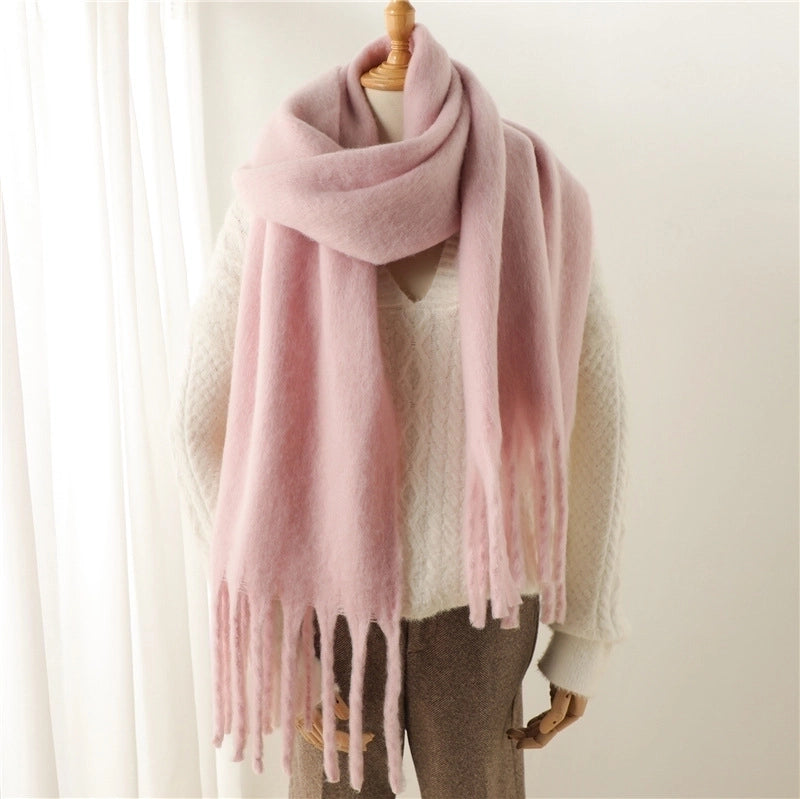 Mohair Scarf Pure Color All-matching Winter Warm Lengthened Fringe Bib Scarf Men's And Women's European And American Export Thick Scarf