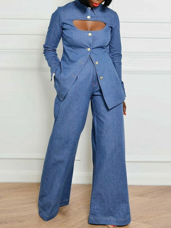 Long Sleeves Loose Buttoned Hollow Lapel Blouses&Shirts Tops
