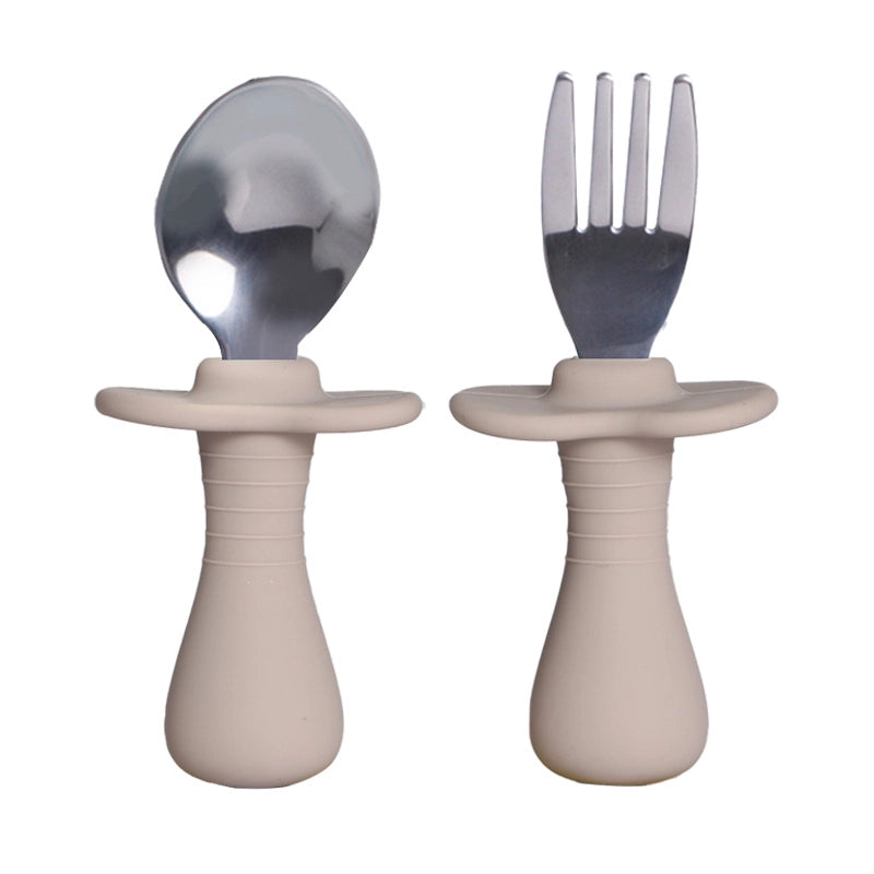 Baby Silicone Fork Spoon Children's Stainless Steel Training Short Fork Spoon Children's Tableware Set Portable Short Handle Fork Spoon