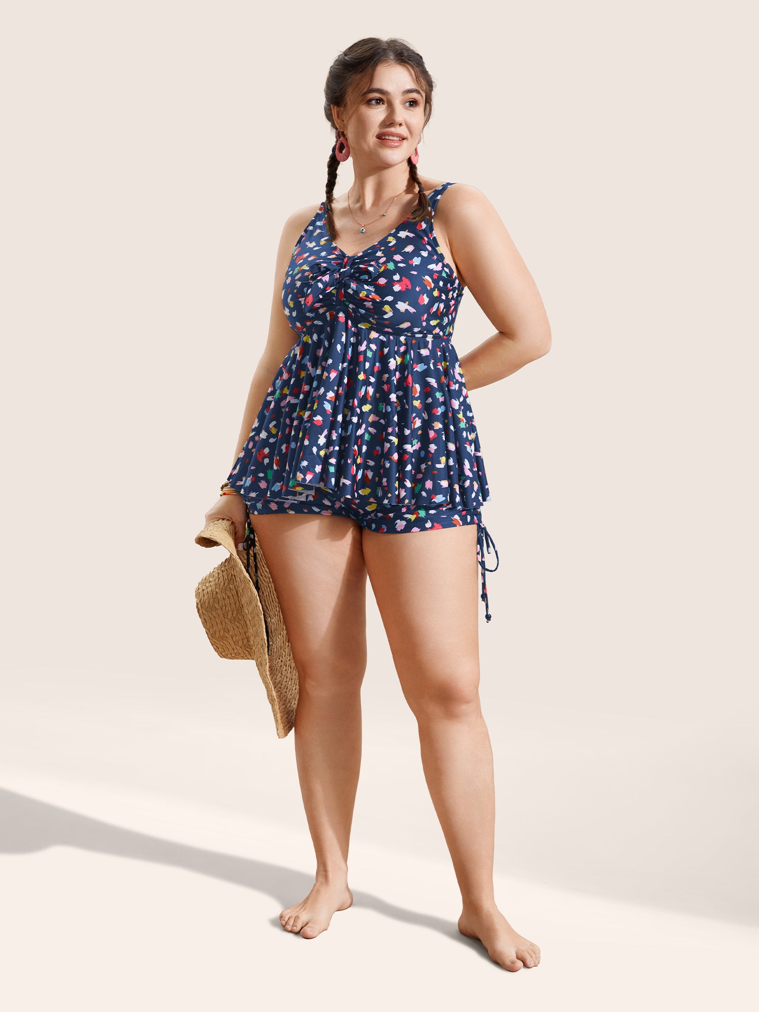Allover Print V Neck Gathered Swim Top
