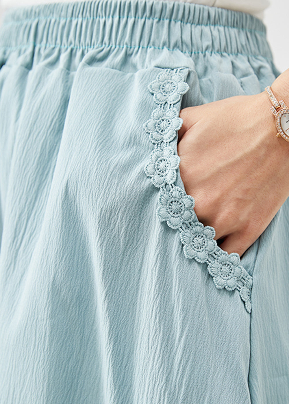 Natural Sky Blue Embroideried Patchwork Cotton Skirt Spring