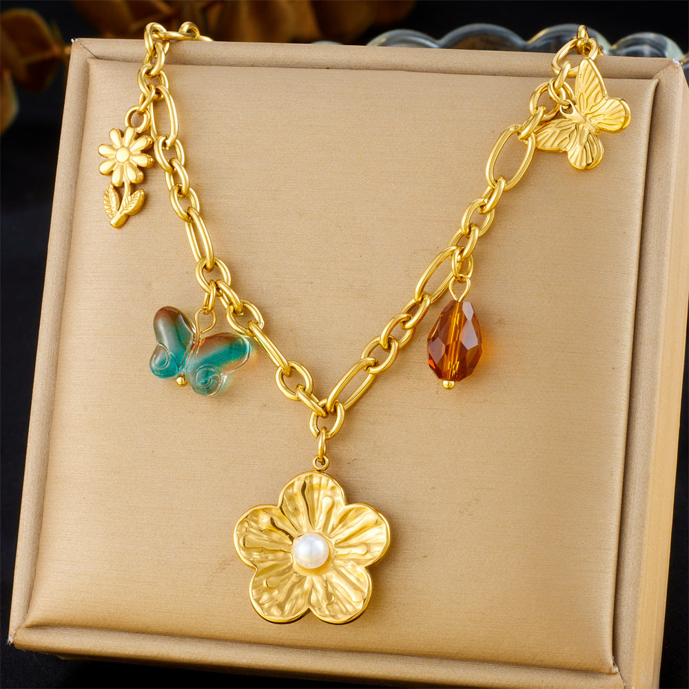 Fashion Retro Multi-Element Love Bowknot Shell Cherry Cross Eye Chain Necklace