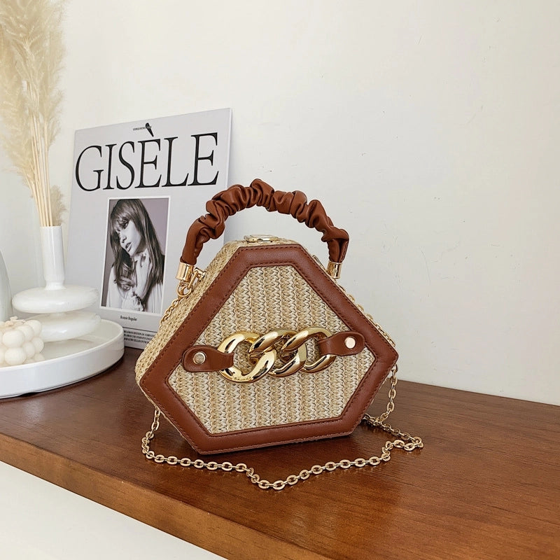 Women's Small Straw Geometric Classic Style Lock Clasp Straw Bag