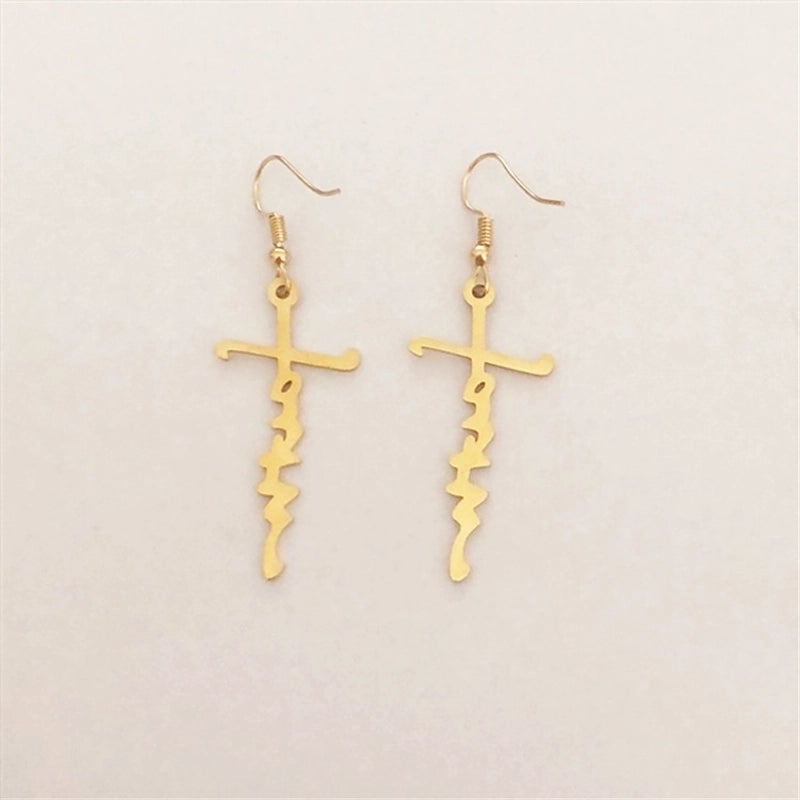 1 Pair Fashion Cross Letter Heart Shape Stainless Steel Patchwork Drop Earrings