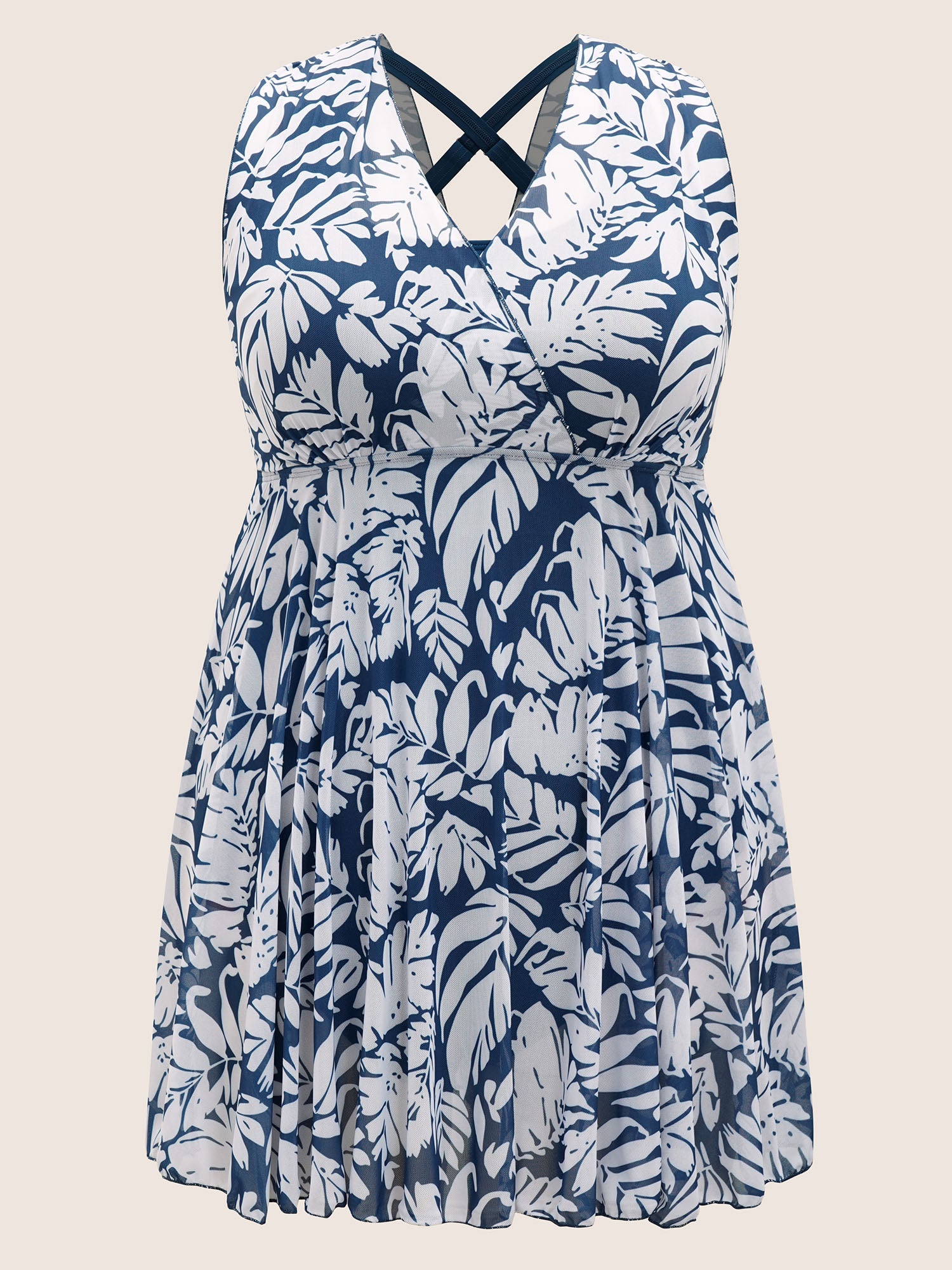 Tropical Print V Neck Sleeveless Swim Dress