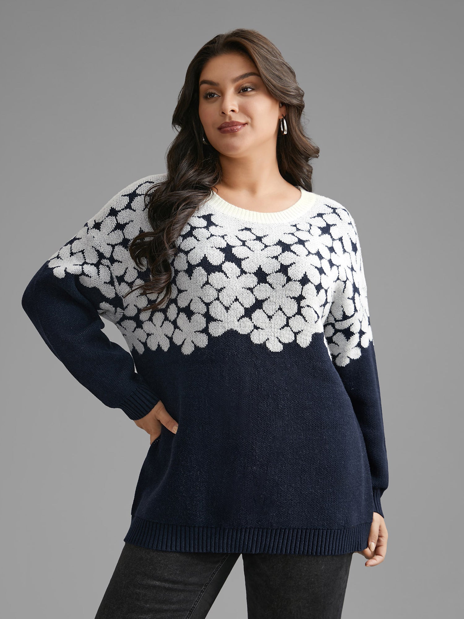 Floral Contrast Patchwork Drop Shoulder Pullover