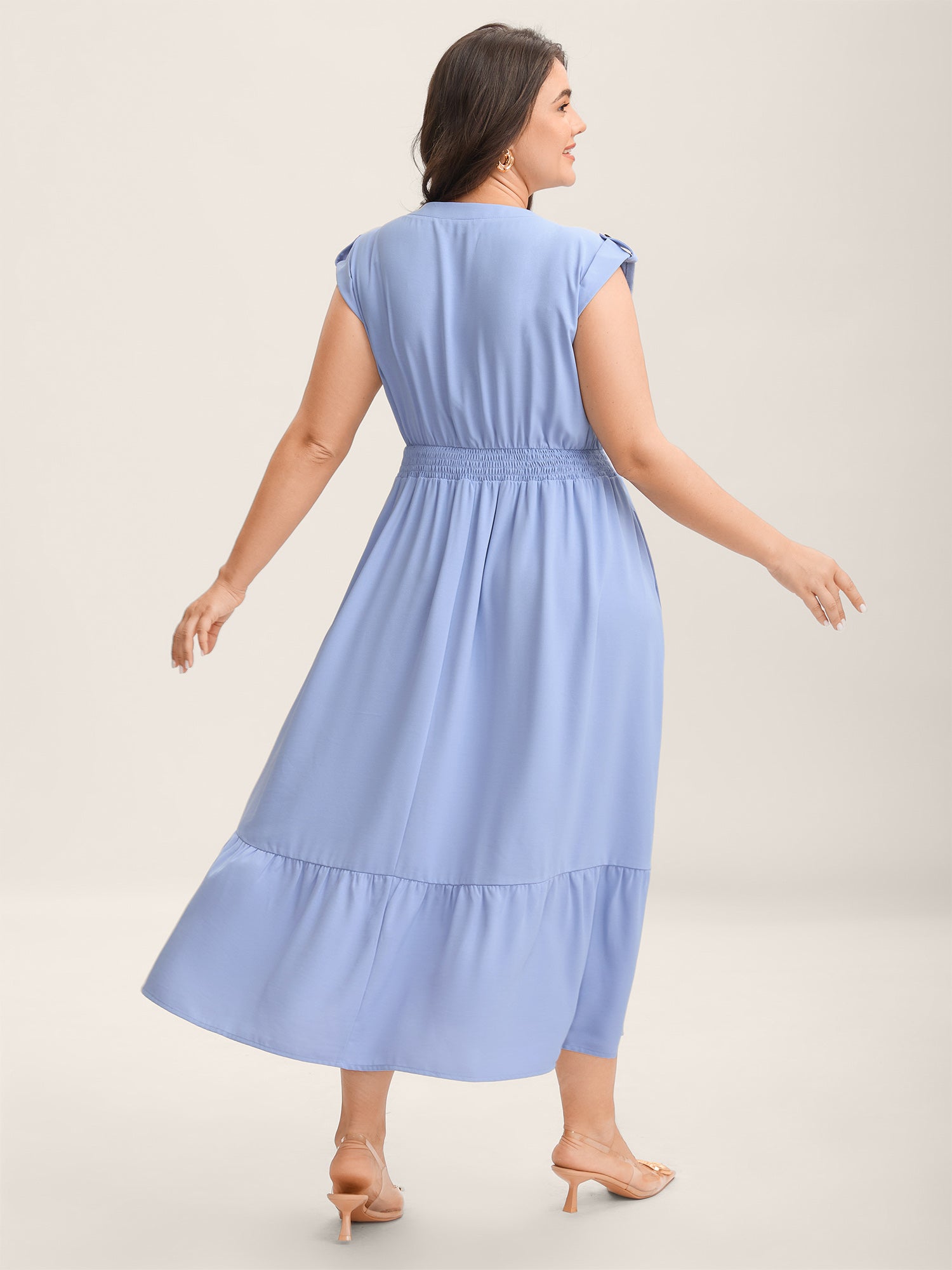 Shirred Waist Button Detail Pockets Midi Dress
