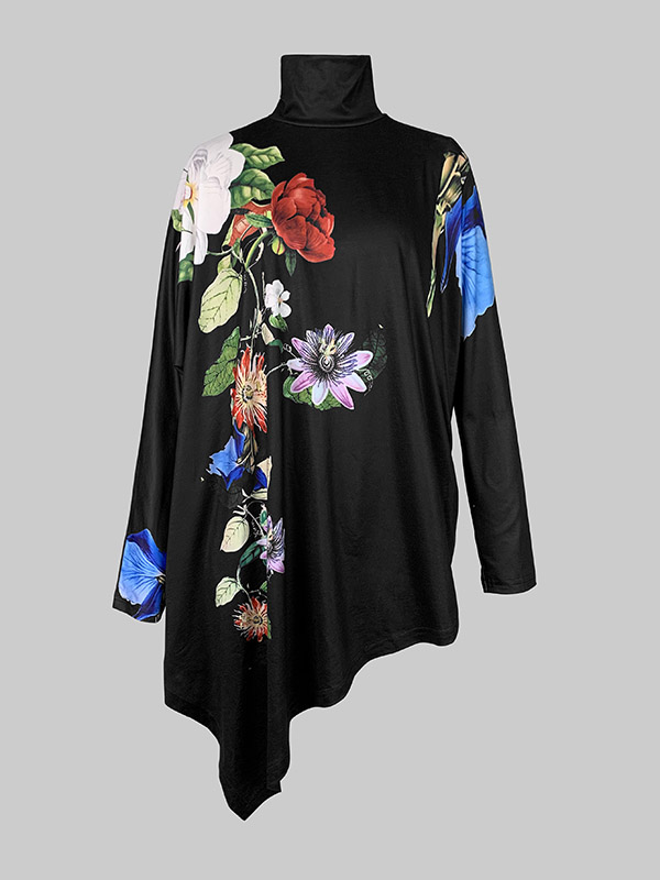 Irregularity Long Sleeves Flower Print High Neck T-Shirts Tops