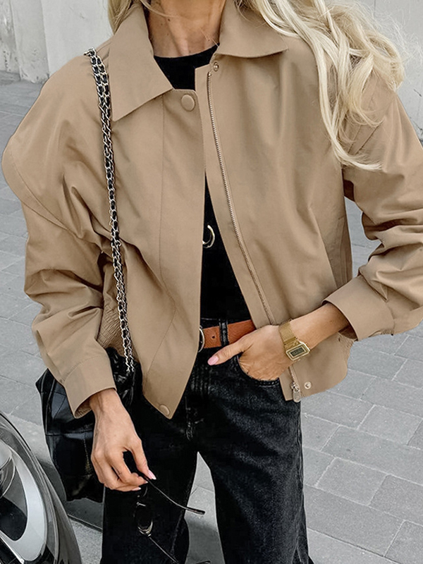 Long Sleeves Loose Buttoned Elasticity Solid Color Zipper Lapel Jackets Outerwear