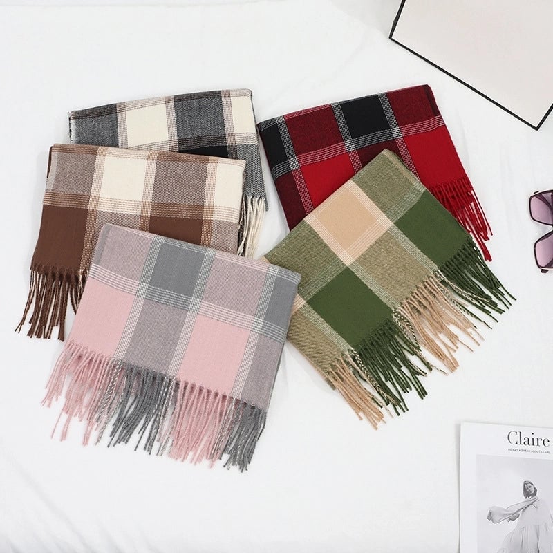 New Cashmere Scarf Women's Double Plaid Shawl Autumn And Winter Warm Tassel Long Couple Scarf
