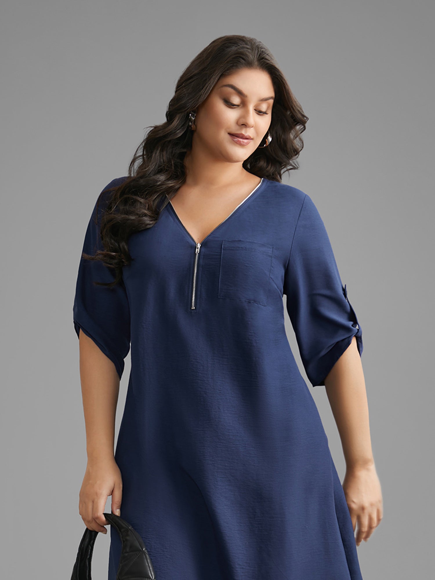 Solid Half Zip Tab Sleeve Dress