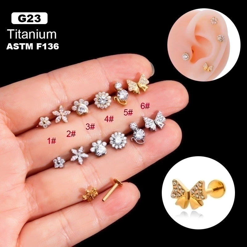 1 Piece Ear Cartilage Rings & Studs IG Style Vintage Style Geometric Flower Bow Knot Pure Titanium Plating Inlay Zircon