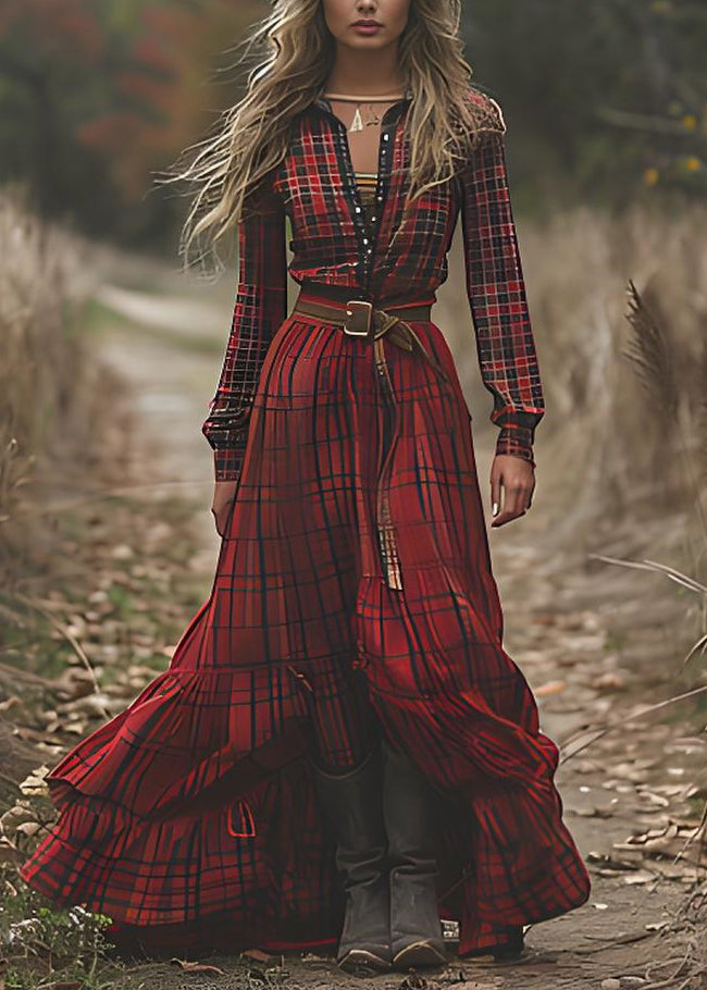 Vintage Red V Neck Plaid Patchwork Cotton Ankle Dress Spring