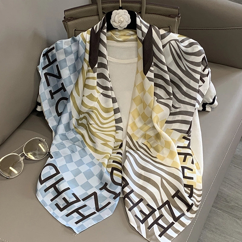 Women's IG Style Elegant Stripe Flower Chains Print Satin Printing Silk Scarf